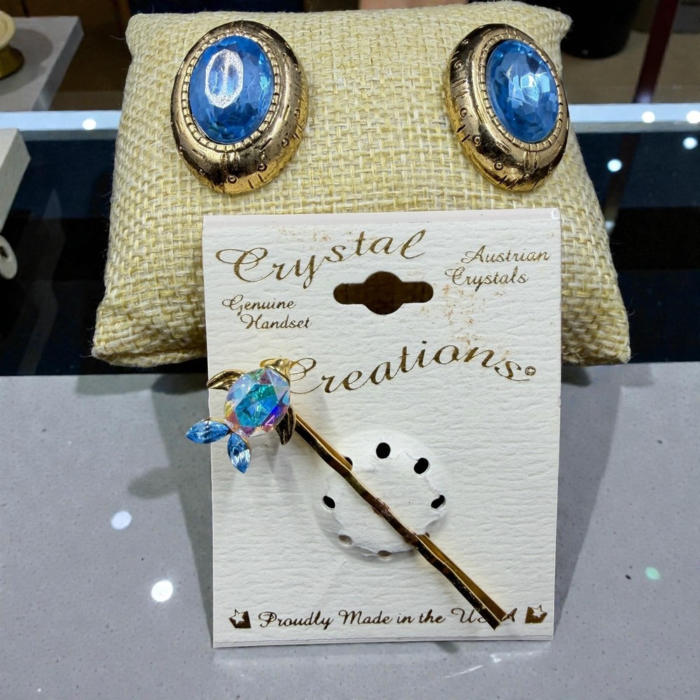 Vintage Sapphire Blue Crystal Earrings Fish Hair Pin Set Royalcore Coquette